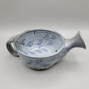 Artisan Pottery Watering Can Style Pouring Spouted Bowl Blue Leaf Pattern Signed